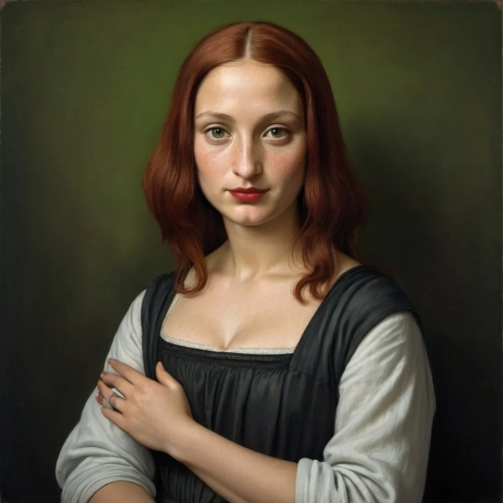 Prompt: portrait painting, Mona Lisa, half-length,  folded hands in lap, dark freckle, red hair, green eyes, red lipstick,