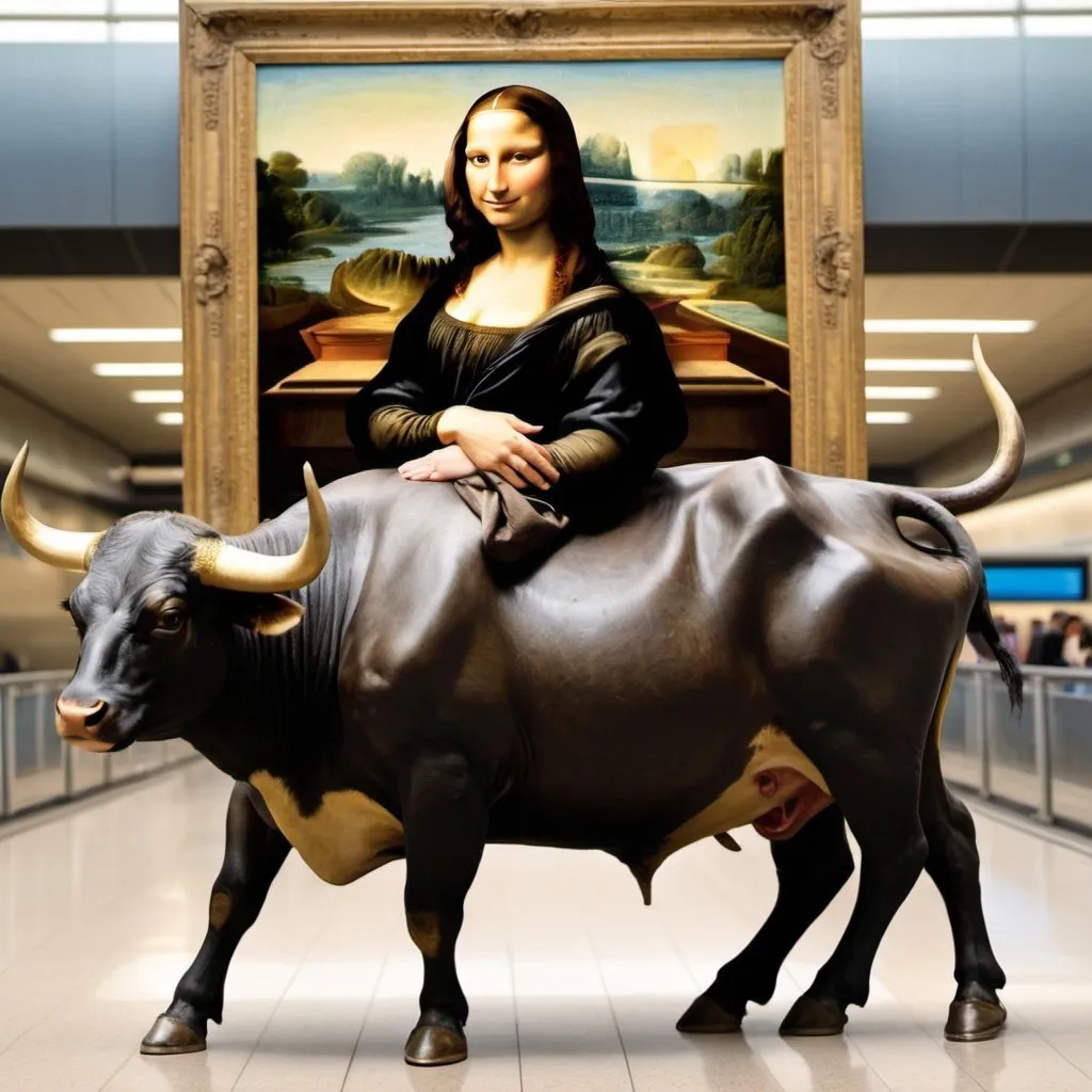 Prompt: Mona Lisa  riding a bull  in  an airport