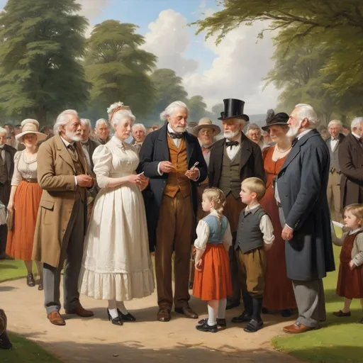 Prompt: a  painting of a scene daily life ,
three generations of the Featherstonhaugh family meeting for a big family reunion in a park, 
 Augustus Edwin Mulready,
highly detailed, 
professional oil painting,
UHD,
64K