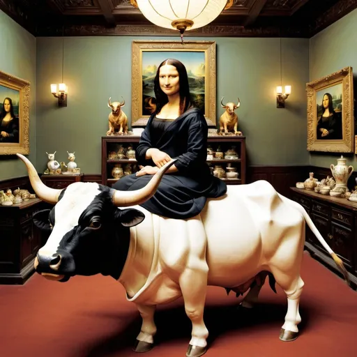 Prompt: Mona Lisa  riding a bull in  a china shop