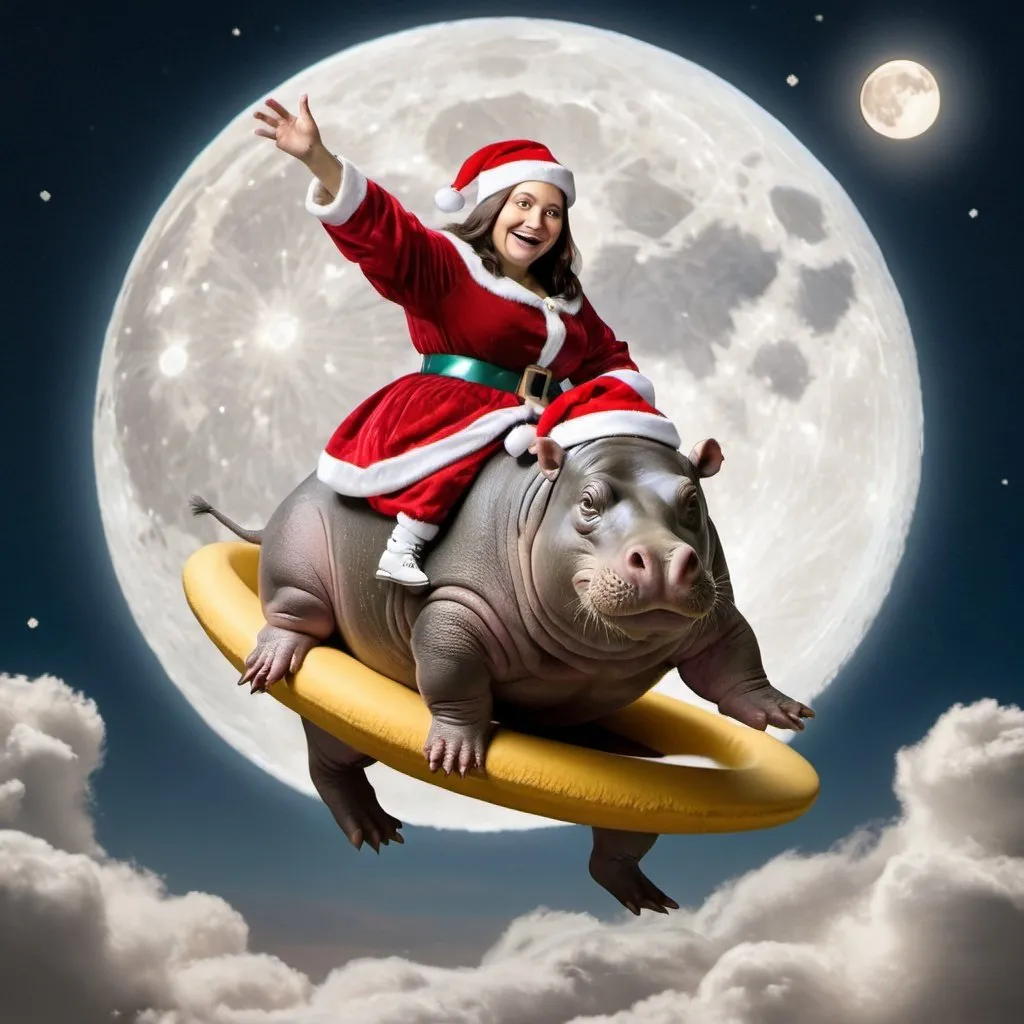 Prompt: Mona Lisa wearing Santa Claus hat riding a Hippopotamus  that is jumping over the Moon. 