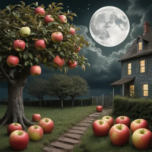 Prompt:     At the top of the house the apples are laid in rows,
    And the skylight lets the moonlight in, and those
    Apples are deep-sea apples of green. There goes
     A cloud on the moon in the autumn night.

    A mouse in the wainscot scratches, and scratches, and then
    There is no sound at the top of the house of men
    Or mice; and the cloud is blown, and the moon again
     Dapples the apples with deep-sea light.

    They are lying in rows there, under the gloomy beams;
    On the sagging floor; they gather the silver streams
    Out of the moon, those moonlit apples of dreams,
     And quiet is the steep stair under.

    In the corridors under there is nothing but sleep.
    And stiller than ever on orchard boughs they keep
    Tryst with the moon, and deep is the silence, deep
     On moon-washed apples of wonder


Moonlit Apples

    By John Drinkwater