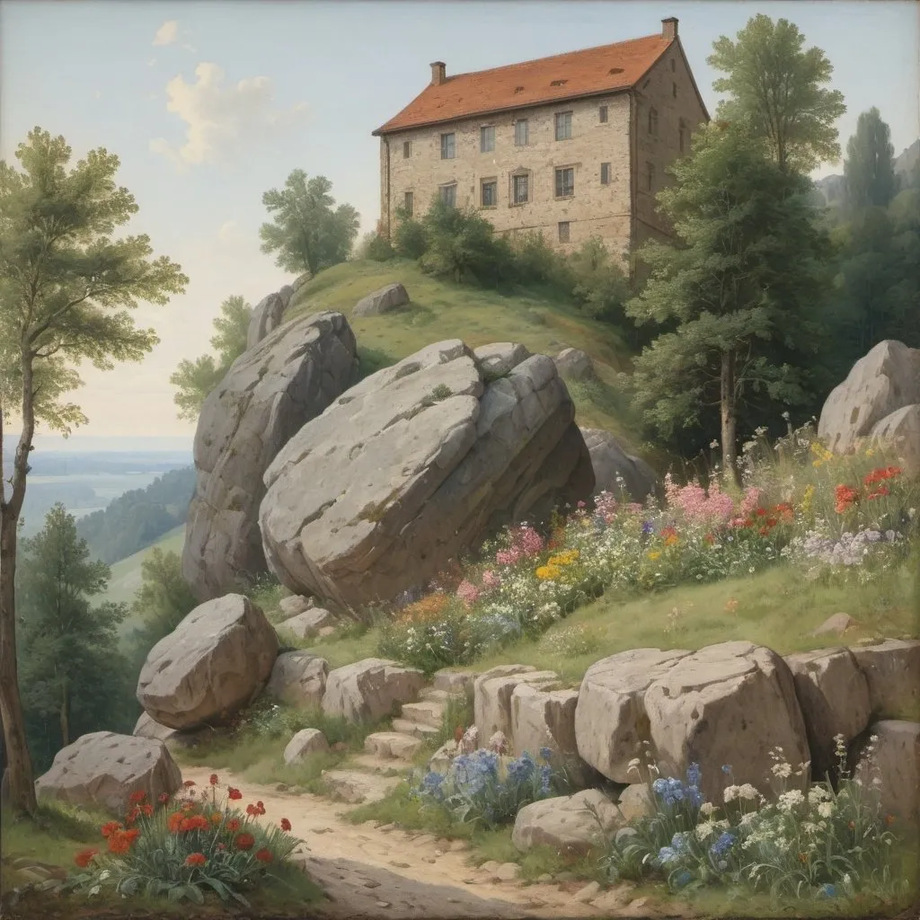 Prompt: a painting of a rocky hillside with flowers and trees in the background and a stone building in the foreground,Albrecht Anker, a painting