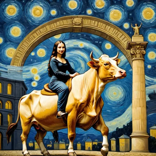 Prompt: Mona Lisa riding a cow through the Arc de Triomphe in the style of "The Starry Night" by Vincent van Gogh