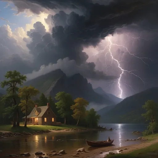 Prompt: Create a UHD, 64K, professional oil painting in the style of Albert Bierstadt, Hudson River School, scene painting, Depict "The night had closed in before the storm came; a thunderstorm which broke with a force unparalleled in my memory."