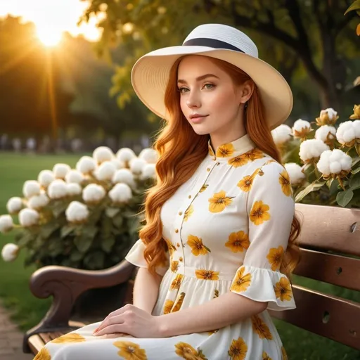 Prompt: beautiful 25-year-old woman sitting on a park bench.
long  hair ginger in a French braid with a white hat. 
wide angle view, 
full depth of field, 
beautiful, 
high resolution, 
realistic, 
detailed hair,
beautiful atmosphere, 
golden hour lighting, 
misty colors
majestic long cotton flower print Empire Dress with a high neck line, 
natural beauty,
portrait painting, 
professional quality, 
sunrise,
white hat, 
majestic flower print , 
realistic, 
detailed hair,
serene atmosphere, 
wide angle view, 
full depth of field, 
beautiful, high resolution, 
golden hour lighting, 
majestic  long cotton flower print Empire Dress with a high neck line, 
natural beauty.