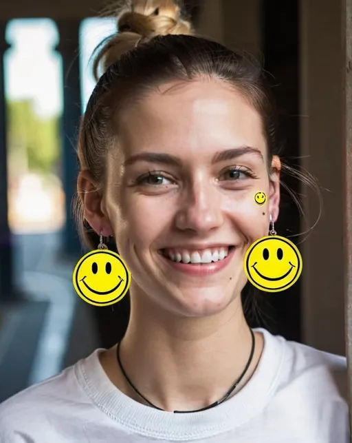 Prompt: portrait,  
(27 year-old woman), 
(a smile on her face),
(earrings with a smiley face on it's earring hooks),  
(smiley-face t-shirt), 
photo
