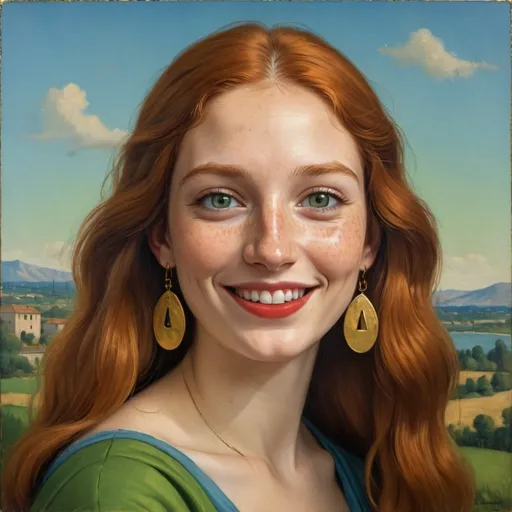 Prompt: a half-length portrait painting,
27 year-old woman,
cover with dark freckle,
green eyes,
long ginger hair,
red lipstick,
a smile on her face, 
smiley-face  ON gold-earrings,  
T-shirt, 
with a green background and a blue sky,
 Fra Bartolomeo,
 academic art,
1970s oil painting,
 a painting in the style of  Mona Lisa
