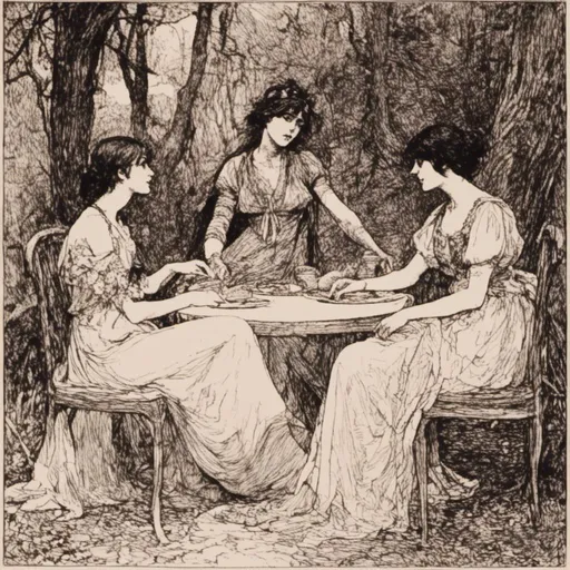 Prompt: <mymodel>a drawing of three women sitting at a table in a forest with a man standing next to them and a woman standing next to her, Alfonse Mucha, pre-raphaelitism, etching, an etching