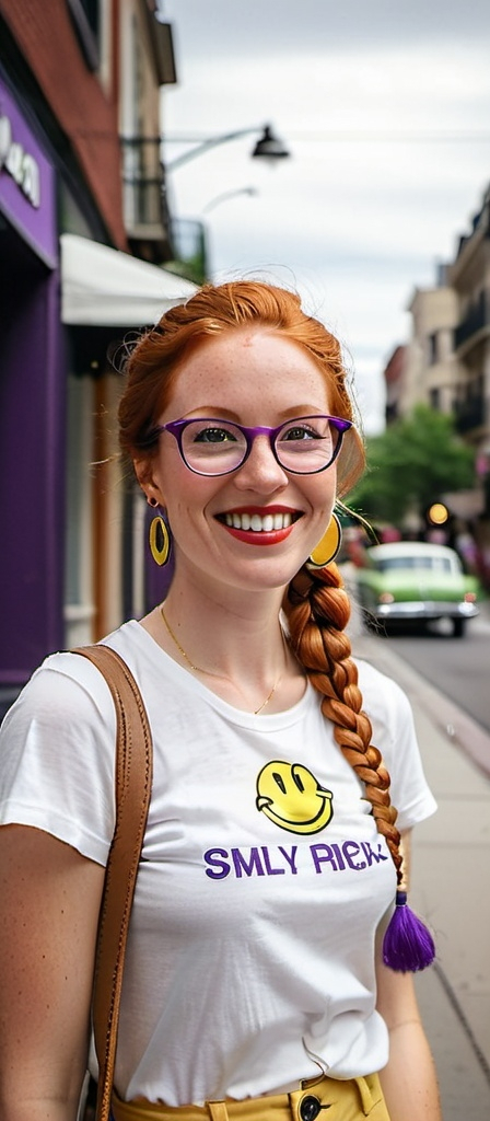 Prompt: portrait of a smiling 27 year-old woman. green eyes. cover with dark freckle. long ginger hair ginger in a French braid.   wearing  red lipstick. purple broad rimmed eyeglasses.  "1970s yellow smiley face earrings,"  and  white t-shirt,  smiles at the camera while standing on a sidewalk, figurativism, 1 9 7 0 s, a character portrait.