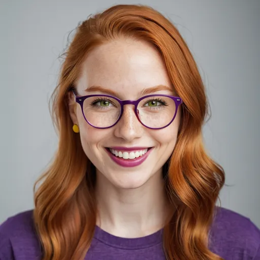 Prompt: portrait of a smiling 27 year-old woman,  green eyes, long ginger hair, cover with dark freckle,  wearing  red lipstick,  purple broad rimmed eyeglasses,  yellow smiley face earrings,  and t-shirt, photo