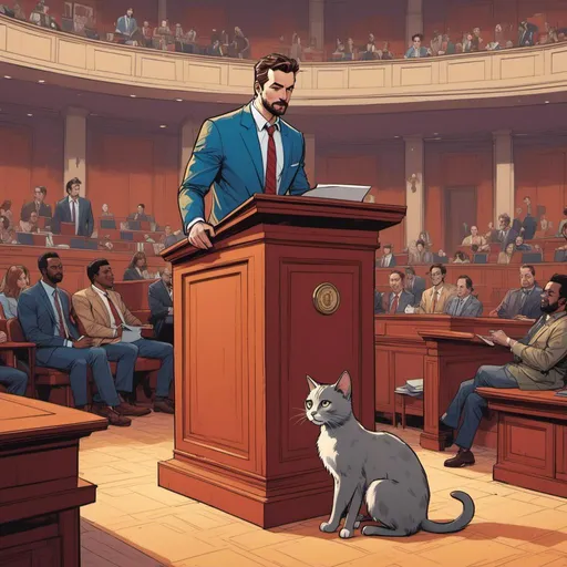 Prompt: <mymodel>  "draw a cat sitting on a legislative  podium in  the well of  a legislative chamber during a legislative session."