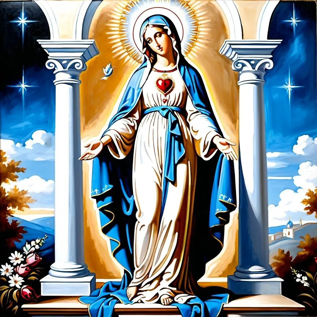 Prompt: Painting of  the most beautiful most holy Virgin Mary and her immaculate heart,
“full of grace” the complete absence of sin,
dress in blue and white,
wide angle view, 

