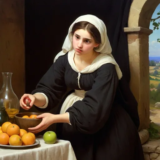 Prompt: Create a professional oil painting in the styles of Carl Heinrich Bloch, the American Barbizon School, William-Adolphe Bouguereau, and Flemish Baroque art. Depict a young woman in a serene, rustic setting, engaged in a domestic task, wearing a traditional 19th-century dress.

Subject: A young woman in a rural setting, arranging a bowl of oranges and apples on a wooden table covered with a white cloth.

Dress Description:

Overlay: Black dress with a fitted bodice.
Undershirt: White, with large, puffed sleeves gathered at the wrists, visible at the neckline and cuffs.
Skirt: Part of the black dress, long and full.
Details: Green accent fabric visible under the black sleeves. White headscarf tied loosely, covering her hair.
Composition: Position the woman centrally, leaning over the table, hands gently touching the fruit. Her expression should be serene and focused.

Background: Rustic interior with an arched doorway opening to a lush green landscape, including rolling hills, distant trees, and a bright blue sky with soft white clouds.

Lighting: Use chiaroscuro with light coming from the right, illuminating her face and hands, casting soft shadows on the table and fruit. The background should have gentle, natural light contrasting with the darker interior.

Detail and Realism: Emphasize textures and details of the dress, fruit, and setting. Ensure the fabric looks realistic with visible folds. The fruit should appear fresh and vibrant.

Color Palette: Rich, deep tones. The black dress contrasts with the white undershirt and headscarf. The fruit should be vibrant oranges and apples. The background should have earthy tones and lush greens.

Atmosphere: Calm and reflective, capturing a timeless moment of simplicity and beauty in rural life.

This rephrased prompt should help the AI tool to clearly understand the specifics of the dress and scene, ensuring accurate representation.