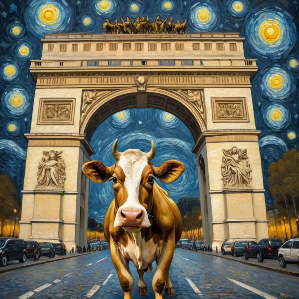 Prompt: Mona Lisa riding a cow through the Arc de Triomphe in the style of "The Starry Night" by Vincent van Gogh