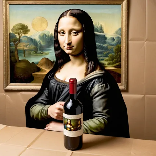 Prompt: Mona Lisa drinking stray from  a wine bottle that is wrap in a brown paper.