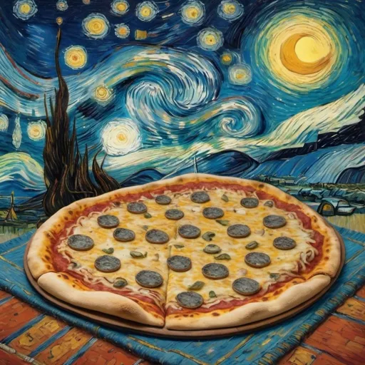 Prompt: A Pizza flying on a "magic carpet" in "The Starry Night" by Vincent van Gogh