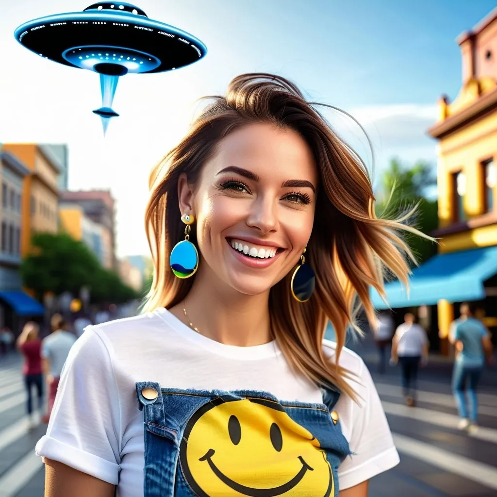 Prompt: photorealistic portrait of a [(27 year-old woman), (a smile on her face), (smiley earrings), (smiley t-shirt), (long blue jean), ] in a city, looking very happy  at an attacking UFO