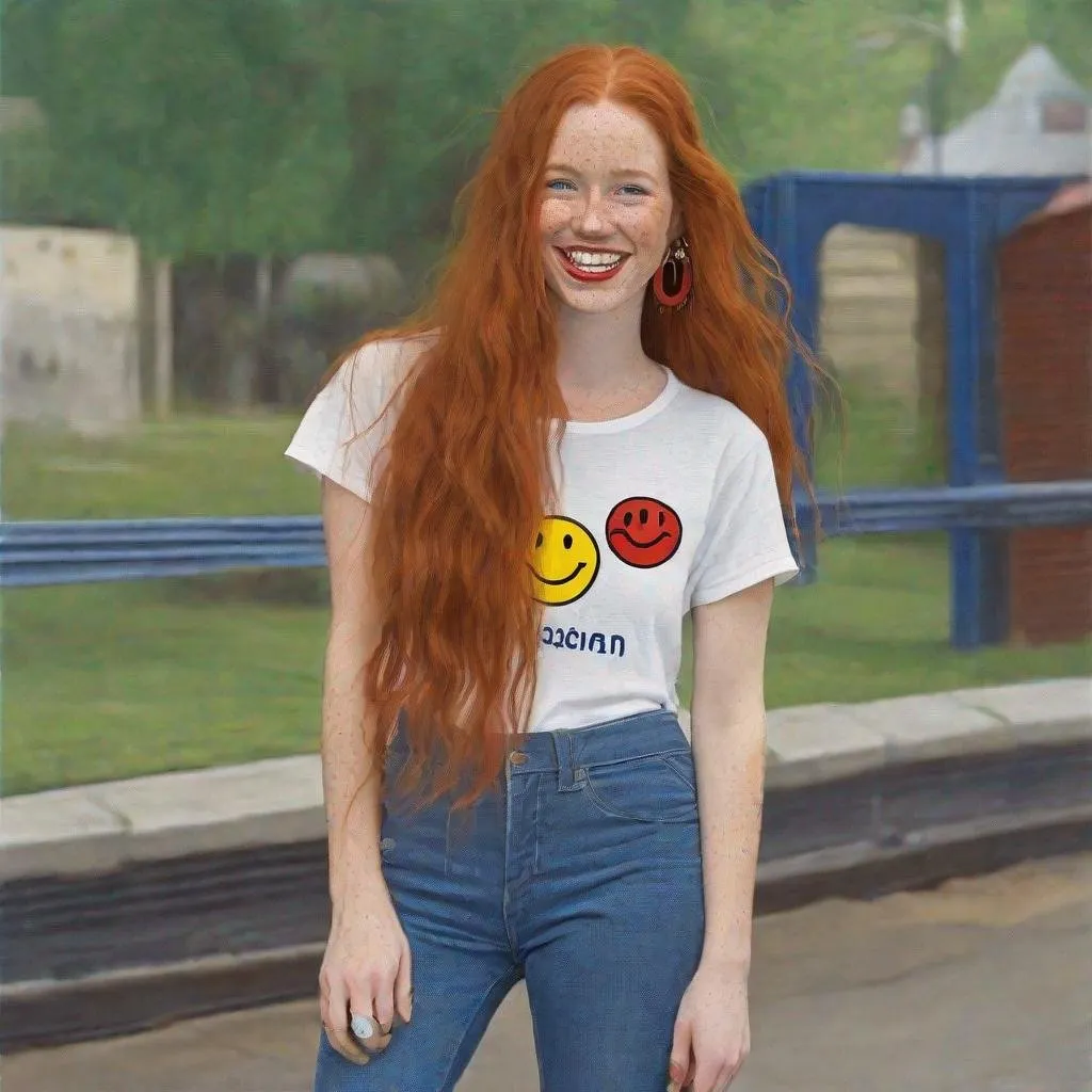 Prompt: portrait,  
27 year-old woman, 
walking,
cover with dark freckle, 
green eyes, 
long ginger hair, 
red lipstick, 
a smile on her face, 
(earrings with a smiley face on it's earring hooks),  
(smiley-face t-shirt), 
long blue jean, 
