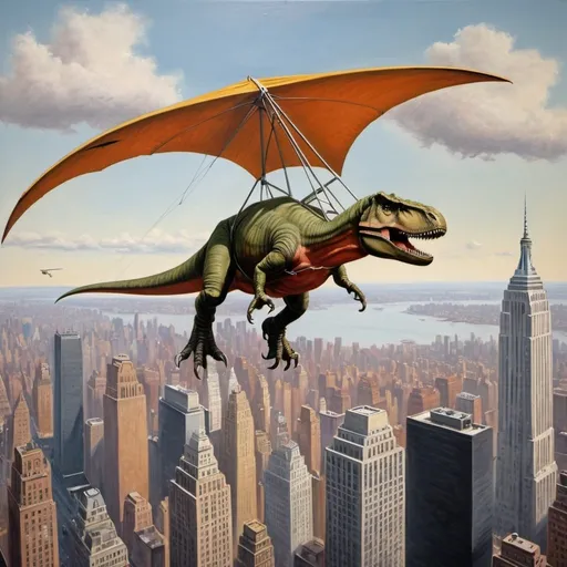 Prompt: a  tyrannosaurus ,  flying over New York city  on hang glider, 1970s oil painting,

