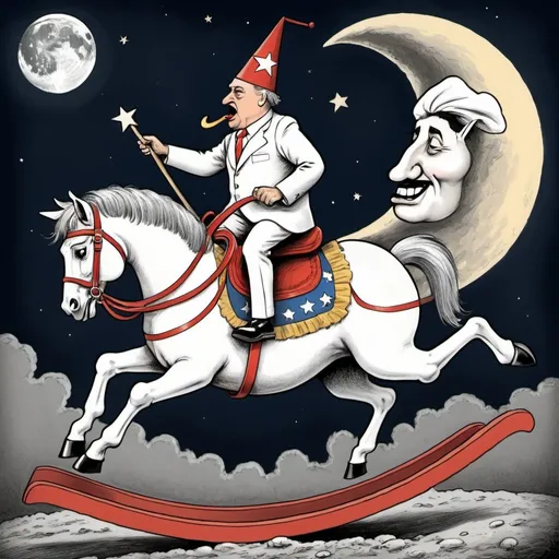 Prompt: A political cartoon of a dictator  "wearing dunce" hat riding a "rocking horse" that is jumping "over the Moon. " 