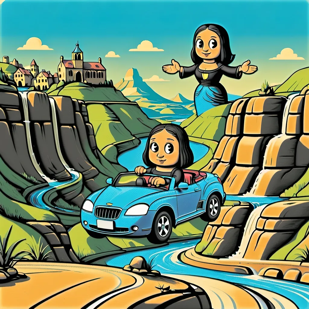 Prompt: a car is flying over a canyon with a river in it and Mona Lisa  is sitting in the in  car, Mona Lisa in the convertible. Mona Lisa's hands is on the steering wheel of the convertible. Mona Lisa is driving the convertible.