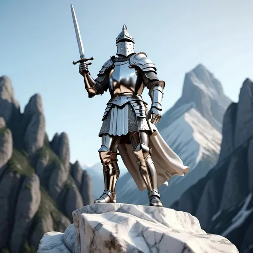 Prompt: white Marble sculpture of a  (brave knight  standing on a rock with a sword in his hand mountain in the background),
super realistic,
3d blender render,
UHD 64K

