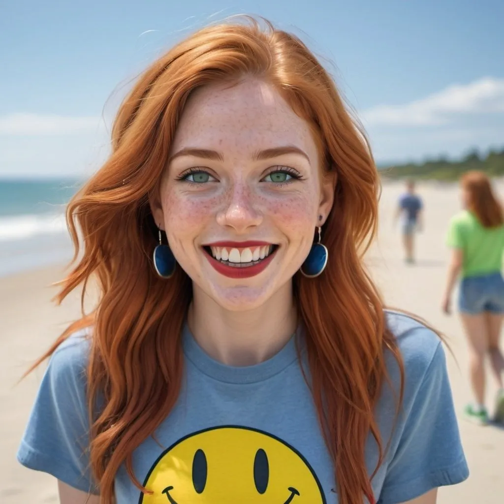 Prompt: photorealistic portrait of a [(27 year-old woman),  (cover with dark freckle), (green eyes), (long ginger hair), (red lipstick), (a smile on her face), (earrings with a smiley face on it's earring hooks), (smiley-face t-shirt), (long blue jean), (red and blue tennis shoes),]on the beach, looking very excited at an ufo