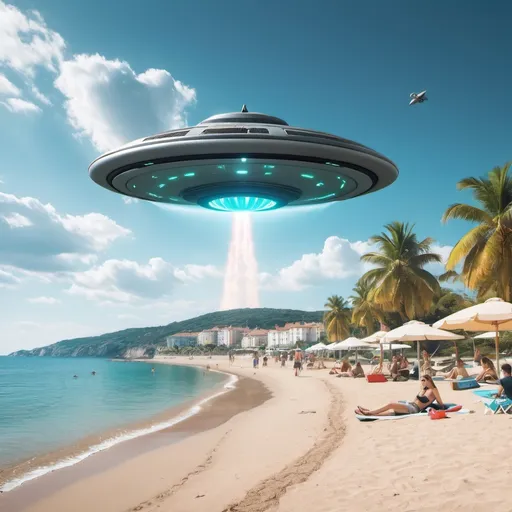 Prompt: a public beach, while UFO is attacking









