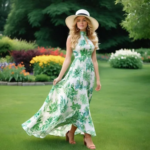 Prompt: a 21-year-old woman in  a  long flower print  Empire Dress with a high neck line and white hat,  standing on the green grass, a beautiful expressive face, curly blond hair,  full-length,  feet, in an amazingly beautiful garden,  exactly beautiful photo  , highly photo, full-length photo,  1970s oil painting