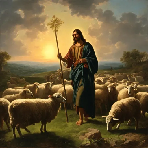 Prompt: <mymodel>A painting of Jesus as the shepherd  in a field of sheep, grass  with the sun setting behind him .