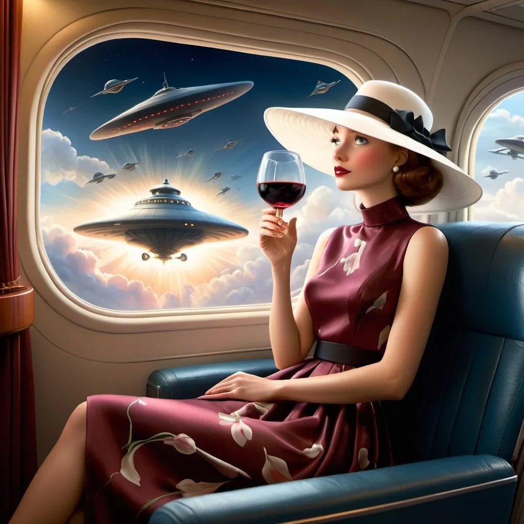 Prompt: a 21-year-old woman in a long flower print Empire Dress with a high neck line and white hat  sitting on an airplane seat with a hat on her head, drinking red wine, and an attacking UFO in the night shy in in the background with a window, Annie Leibovitz, precisionism, promotional image, an art deco painting