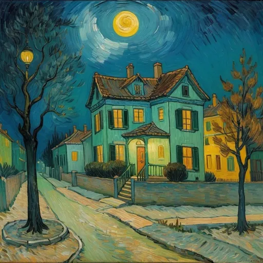 Prompt: Oil Painting of a home with background city by Vincent van Gogh , at night, moonlight, colorful 