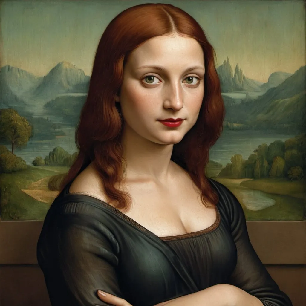 Prompt: portrait painting, Mona Lisa,  torso,  high neckline,  lap, folded hands in lap, dark freckle, red hair, green eyes, red lipstick,  Leonardo da Vinci