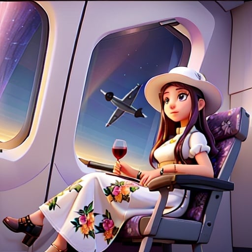 Prompt: a 21-year-old woman in a long flower print Empire Dress with a high neck line and white hat  sitting on an airplane seat with a hat on her head, drinking red wine, and an attacking UFO in the night shy in in the background with a window, Annie Leibovitz, precisionism, promotional image, an art deco painting