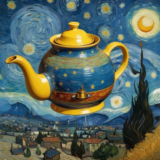 Prompt: a smiling teapot  flying on a "magic carpet" in "The Starry Night" by Vincent van Gogh