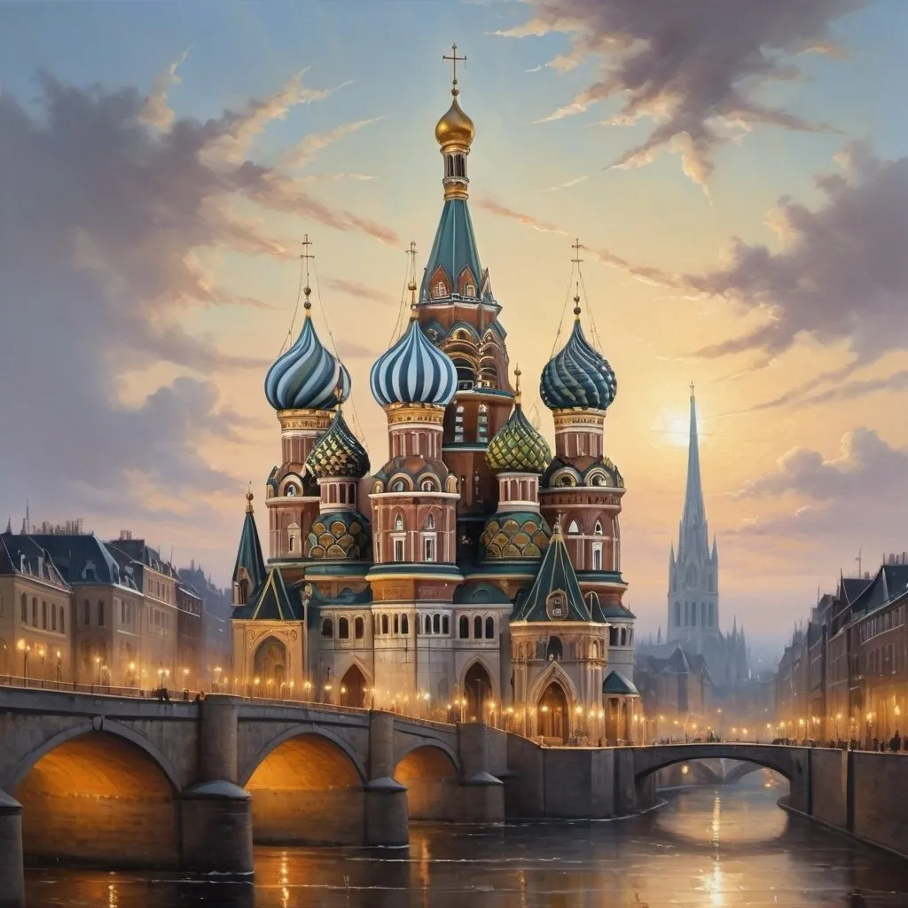 Prompt: Create a UHD, 64K, professional oil painting , traditional religious iconography, The towering cathedral with its elaborate spires and detailed sculptures dominated the skyline a beacon of faith and artistry, The first faint streak of daybreak appeared on the horizon casting a pale light over the sleeping world.