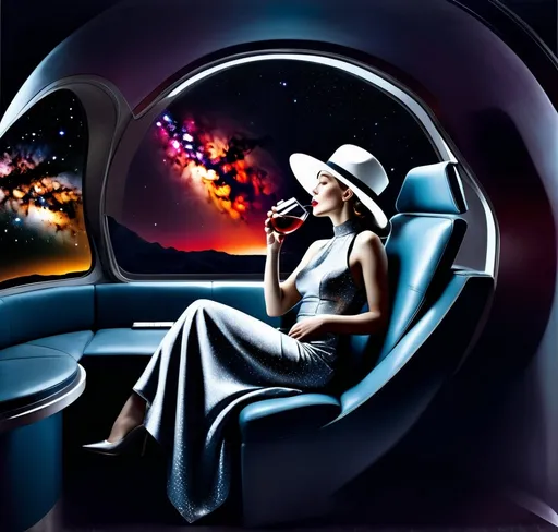 Prompt: a 21-year-old woman in a long flower print Dress with a high neck line and white hat sitting on a spaceplane seat with a hat on her head drinking a glass of red wine,  and (( the Andromeda Galaxy))  in the background with a window, Annie Leibovitz, precisionism, promotional image, an art deco painting  
