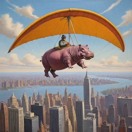 Prompt: A Hippopotamus ,  flying over New York city  on hang glider, 1970s oil painting,

