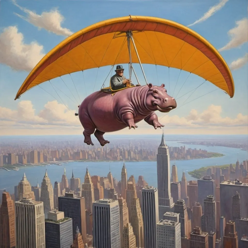 Prompt: A Hippopotamus ,  flying over New York city  on hang glider, 1970s oil painting,

