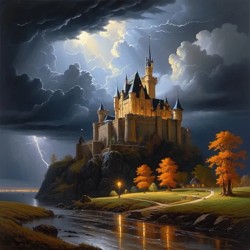 Prompt: a painting of  The Castle was a vast and majestic pile standing on an eminence and commanding the whole of the country around,  a dark and stormy night,  The storm increased the thunder rolled and the rain continued to beat with unabated fury,  Brothers Hildebrandt, american scene painting, highly detailed oil painting, a fine art painting, UHD, 64K