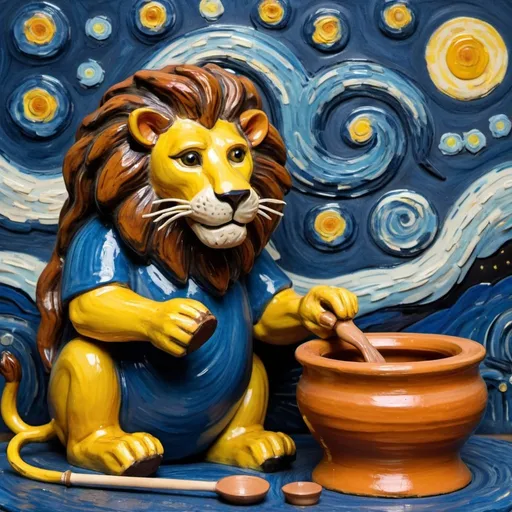 Prompt: a  lion  making pottery on pottery wheel in the style of "The Starry Night" by Vincent van Gogh