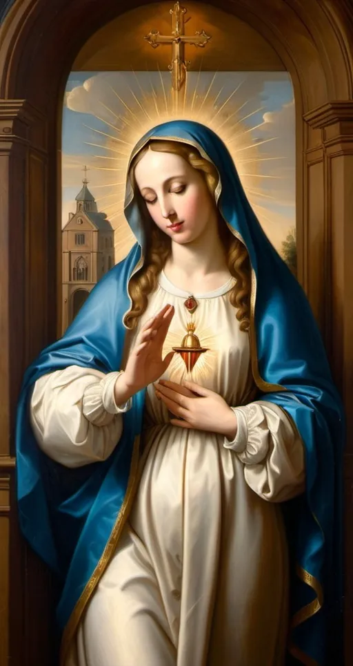 Prompt: a painting of the Virgin Mary alone  standing in the doorway touching  her immaculate heart  , Anne Said, gothic art, renaissance oil painting, a flemish Baroque