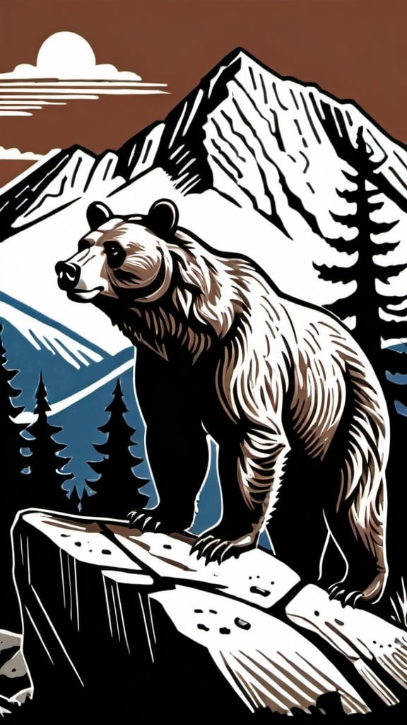 Prompt: A linocut of a proud and majestic bear  is standing on a rock in the wilderness with mountains and trees in the background, neo-primitivism, detailed illustration, a woodcut

