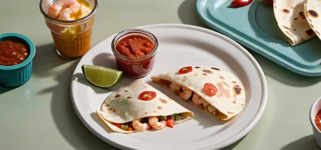 Prompt: a plate with a  shrimp quesadilla, a small containers with lid of salsa,  a small containers with lid of sure cream, and  bottle of soda on the table,  superflat, product photo, a pastel