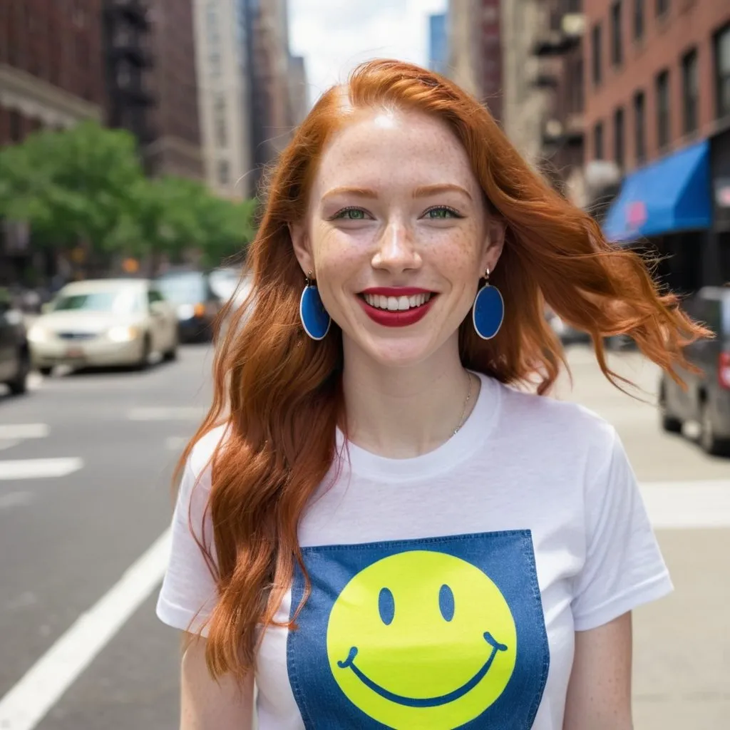 Prompt: portrait,  
(27 year-old woman,) 
(flying over New York city ),
(cover with dark freckle), 
(green eyes), 
(long ginger hair), 
(red lipstick), 
(a smile on her face), 
(earrings with a smiley face on it's earring hooks),  
(smiley-face t-shirt), 
(long blue jean), 
(red and blue tennis shoes),
photo
