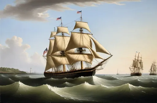 Prompt: "The packet ship Memphis of the Louisiana Line off the Skerries". Memphis was built in New York in 1839 by Smith, Dimon & Comstock. a painting by Samuel Walters  (1811–1882)  of a ship  in the ocean with a blue sky behind it and a ship  in the water,  in the style of Fitz Hugh Lane, american scene painting, painting, a painting