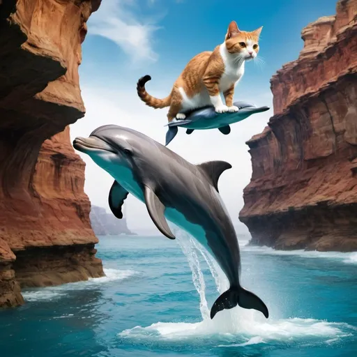 Prompt: a cat, riding a dolphin that is jumping over a canyon.