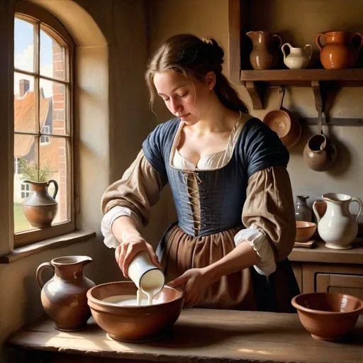 Prompt: A painting of A robust young woman   pouring milk from a "Stoneware Jug  Pitcher" in to a bowl, with soft, natural light filtering through a window. The setting is a modest humble 17th-century Dutch  kitchen, with rich, warm hues for the clothing and cool, muted tones for the background, rendered in exquisite realism.