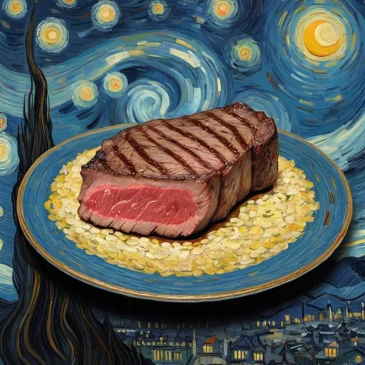 Prompt: A medium rare steak flying on a "magic carpet" in "The Starry Night" by Vincent van Gogh